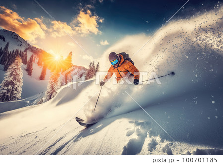 AI generated young man skiing on high snow mountain in winter, sliding down  giving snow splash effect 36444950 Stock Photo at Vecteezy