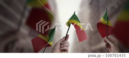 A group of people holding small flags of the Congo in their hands 100701435