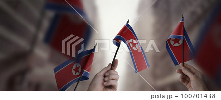 A group of people holding small flags of the North Korea in their hands A group of people holding small flags of the North Korea in their hands 100701438