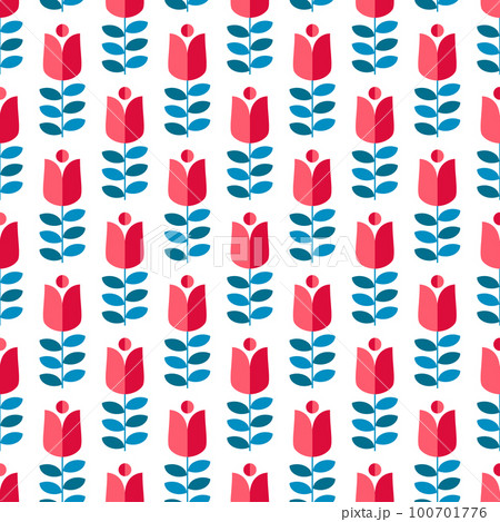 Retro pattern, geometric cute floral 70s style red tulips and blue leaves on white background, abstract flower wallpaper, poster, invitation, fabric  for your design 100701776