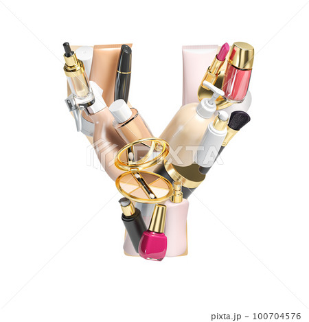 Letter Y. Alphabet from cosmetics, make up and beauty products isolated on white. 100704576