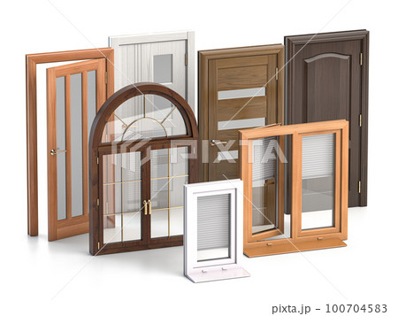 Windows and doora of different types isolated on white. 100704583