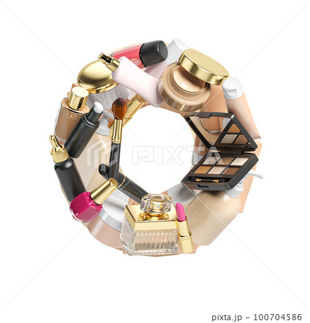 Number 0 zero. Alphabet from cosmetics, make up and beauty products isolated on white. 100704586