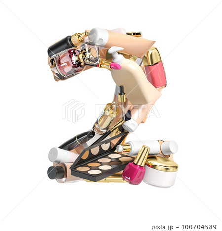 ANumber 2 two. Alphabet from cosmetics, make up and beauty products isolated on white. ANumber 2 two. Alphabet from cosmetics, make up and beauty products isolated on white. 100704589