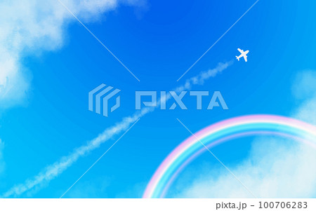 まっすぐのびた飛行機と飛行機雲 虹 まっすぐのびた飛行機と飛行機雲 虹 100706283