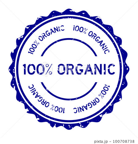 Grunge blue 100 percent organic word round rubber seal stamp on white background 100708738