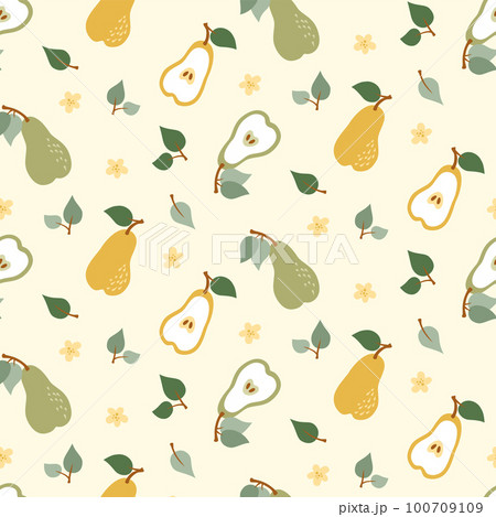 Cute pattern with yellow and green pears and flowers in flat style. Vector illustration 100709109