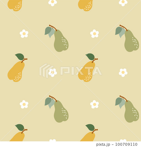 Cute pattern with yellow and green pears and daisy in flat style. Vector illustration 100709110