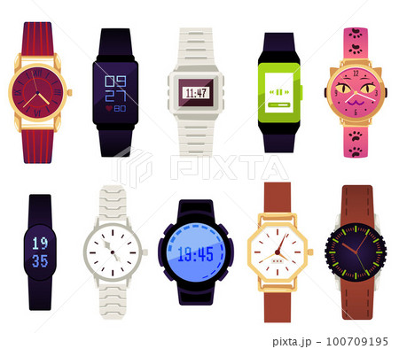 Set of various wrist watches - flat vector illustration isolated on white background. 100709195