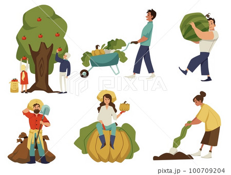 Happy people with freshly harvested fruits and vegetables, flat vector illustration isolated on white background. Happy people with freshly harvested fruits and vegetables, flat vector illustration isolated on white background. 100709204