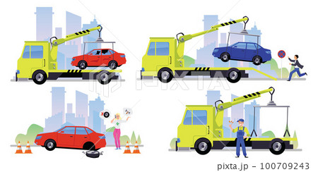 Tow truck moving car after accident and improperly parked car, flat vector illustration isolated on white background. 100709243