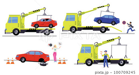 Set of towing trucks flat style, vector illustration Set of towing trucks flat style, vector illustration 100709245