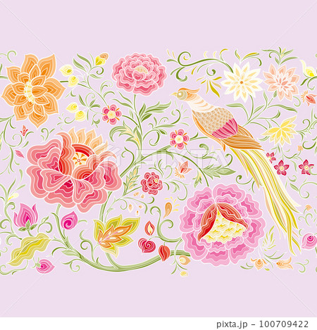 Fantasy flowers and pheasant bird in retro, vintage, chinese silk 100709422