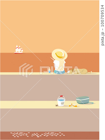 夕暮れの海の防波堤で釣りをする少年とイヌ 100709534