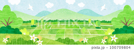 畑が広がる田舎の風景 自然あふれる水彩イラスト 100709804