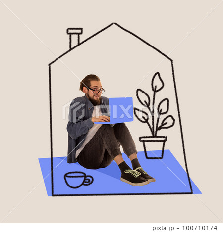 Conceptual collage with happy young man sitting at imaginary children's house. Concept of adult infantilism, comfort zone, fears, mental health 100710174