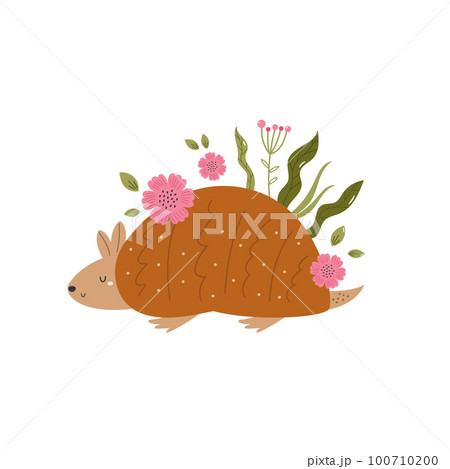 Little cute sleeping armadillo with leaves and flowers. Adorable animal vector design, illustration Little cute sleeping armadillo with leaves and flowers. Adorable animal vector design, illustration 100710200