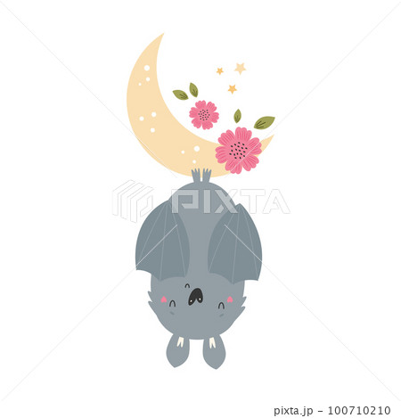 Little cute bat sleeping hanging on the moon. Adorable animal vector design, illustration 100710210