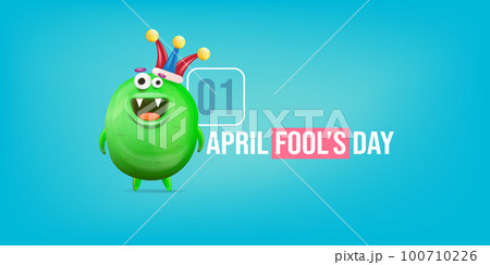 April Fools day funky horizontal banner with silly green clown monster character isolated on blue background. 1 st april fool day banner, poster, label, flyer and greeting card. Fool day print April Fools day funky horizontal banner with silly green clown monster character isolated on blue background. 1 st april fool day banner, poster, label, flyer and greeting card. Fool day print 100710226