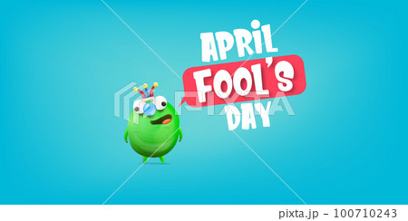 April Fools day funky horizontal banner with silly green clown monster character isolated on blue background. 1 st april fool day banner, poster, label, flyer and greeting card. Fool day print April Fools day funky horizontal banner with silly green clown monster character isolated on blue background. 1 st april fool day banner, poster, label, flyer and greeting card. Fool day print 100710243