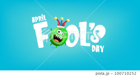 April Fools day funky horizontal banner with silly green clown monster character isolated on blue background. 1 st april fool day banner, poster, label, flyer and greeting card. Fool day print 100710252