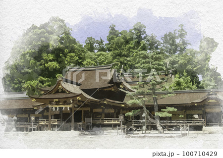 水彩画風　多賀大社　拝殿　滋賀県犬上郡多賀町 100710429