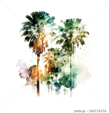 Vector watercolor illustration of a silhouette of palm trees. watercolor texture Vector watercolor illustration of a silhouette of palm trees. watercolor texture 100710578