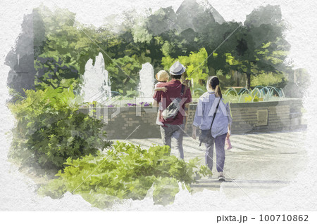 水彩画 親子の公園散歩 風景画 水彩画 #デッサン #散歩 #wartercolor