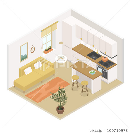 Modern kitchen and bar - vector colorful isometric illustration Modern kitchen and bar - vector colorful isometric illustration 100710978