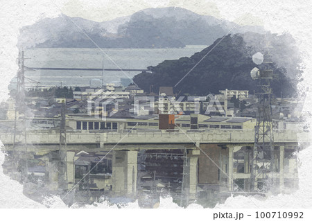 水彩画風　敦賀市街地　敦賀湾　福井県敦賀市 100710992
