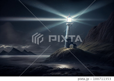 Beautiful night sky behind a shining lighthouse 100711353