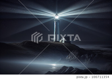 Beautiful night sky behind a shining lighthouse 100711354