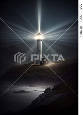 Beautiful night sky behind a shining lighthouse Beautiful night sky behind a shining lighthouse 100711355