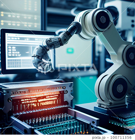 Industry 4.0 Robot concept .Engineers use tablet computer for machine maintenance, automation tools, robot arm at the factory. Industry 4.0 Robot concept .Engineers use tablet computer for machine maintenance, automation tools, robot arm at the factory. 100711356