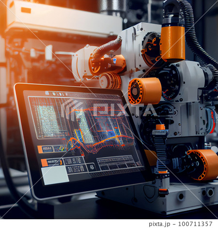 Industry 4.0 Robot concept .Engineers use tablet computer for machine maintenance, automation tools, robot arm at the factory. 100711357