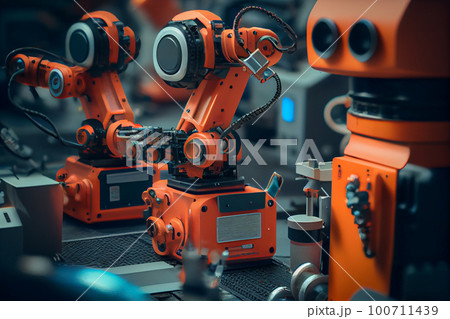 Industry 4.0 Robot concept .Engineers use tablet computer for machine maintenance, automation tools, robot arm at the factory. 100711439