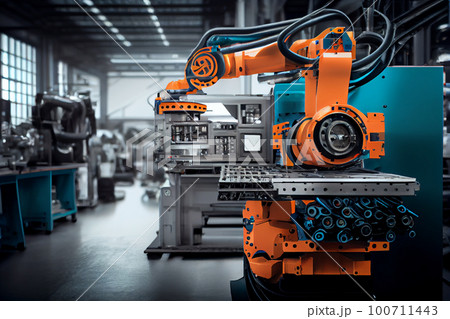 Industry 4.0 Robot concept .Engineers use tablet computer for machine maintenance, automation tools, robot arm at the factory. 100711443