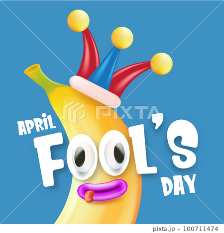 April Fools day funky square banner with silly banana character isolated on blue background. 1 st april fool day banner, poster, label, flyer and greeting card 100711474