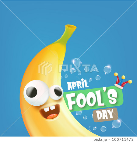 April Fools day funky square banner with silly banana character isolated on blue background. 1 st april fool day banner, poster, label, flyer and greeting card April Fools day funky square banner with silly banana character isolated on blue background. 1 st april fool day banner, poster, label, flyer and greeting card 100711475