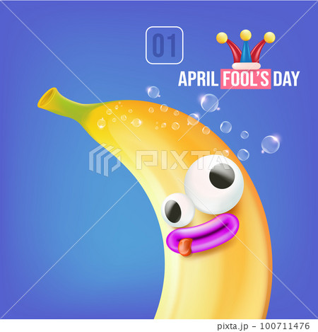 April Fools day funky square banner with silly banana character isolated on blue background. 1 st april fool day banner, poster, label, flyer and greeting card April Fools day funky square banner with silly banana character isolated on blue background. 1 st april fool day banner, poster, label, flyer and greeting card 100711476