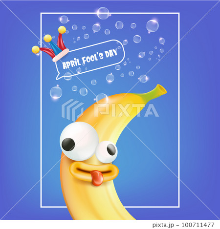 April Fools day funky square banner with silly banana character isolated on blue background. 1 st april fool day banner, poster, label, flyer and greeting card April Fools day funky square banner with silly banana character isolated on blue background. 1 st april fool day banner, poster, label, flyer and greeting card 100711477