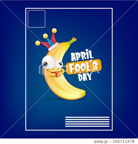 April Fools day funky square banner with silly banana character isolated on blue background. 1 st april fool day banner, poster, label, flyer and greeting card 100711478