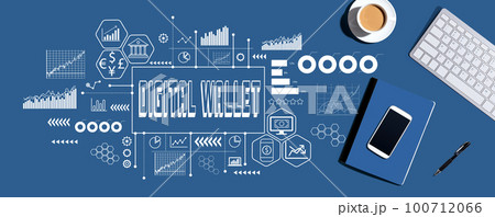 Digital Wallet theme with computer keyboard and office items 100712066