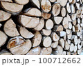 Firewood stacked in pile. Winter snow logs in snow. Preparation of firewood for winter. Background 100712662