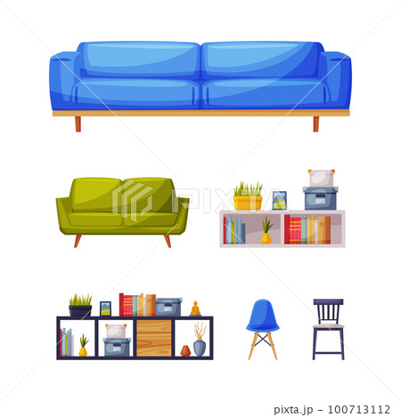 Modern Room Interior Items with Sofa, Shelf and Chair Vector Set 100713112