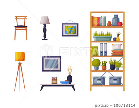 Modern Room Interior Items with Bookcase, Lamp, Chair and Picture on Wall Vector Set Modern Room Interior Items with Bookcase, Lamp, Chair and Picture on Wall Vector Set 100713114