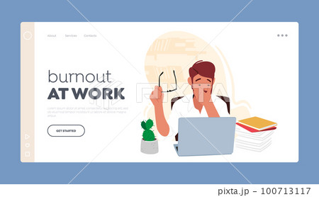 Burnout at Work Landing Page Template. Tired Male Teacher Character Sitting At Desk with Signs Of Exhaustion on his Face 100713117