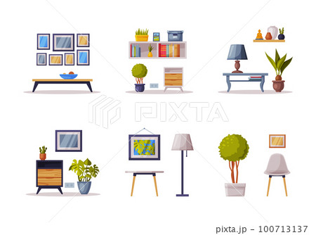 Modern Room Interior Design with Comfy Furniture and Home Decor Vector Set Modern Room Interior Design with Comfy Furniture and Home Decor Vector Set 100713137