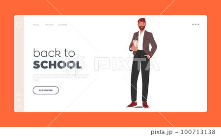 Back to School Landing Page Template. Confident Male Teacher Character Standing with Pile Of Books In Hand Back to School Landing Page Template. Confident Male Teacher Character Standing with Pile Of Books In Hand 100713138