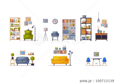 Modern Room Interior Design with Comfy Furniture and Home Decor Vector Set Modern Room Interior Design with Comfy Furniture and Home Decor Vector Set 100713139